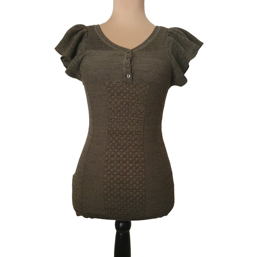 S Mango Casual Sportswear Olive / Gold Accent Knit Short Sleeve